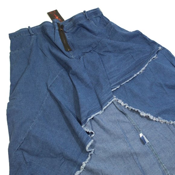 REBORN Indigo Asymmetrical Raw-Hem High-Waisted Skirt 3X - Picture 4 of 9